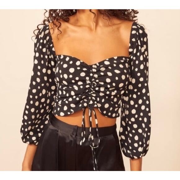 Reformation Black and‎ White Polka Dot Desmond Ruched Blouse Size 10 - Picture 1 of 7